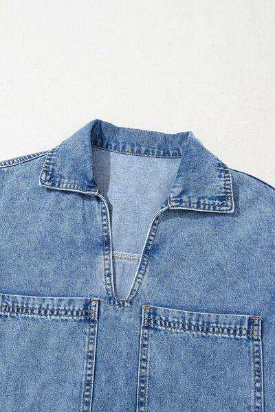 Short Sleeve Collared Patched Pocket Denim Mini Dress - Trendsi - Flyclothing LLC