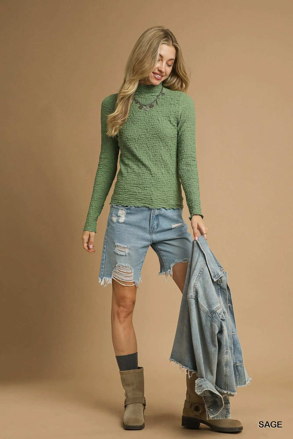 Umgee Textured Crinkle Knit Long Sleeve Top - Trendsi - Flyclothing LLC