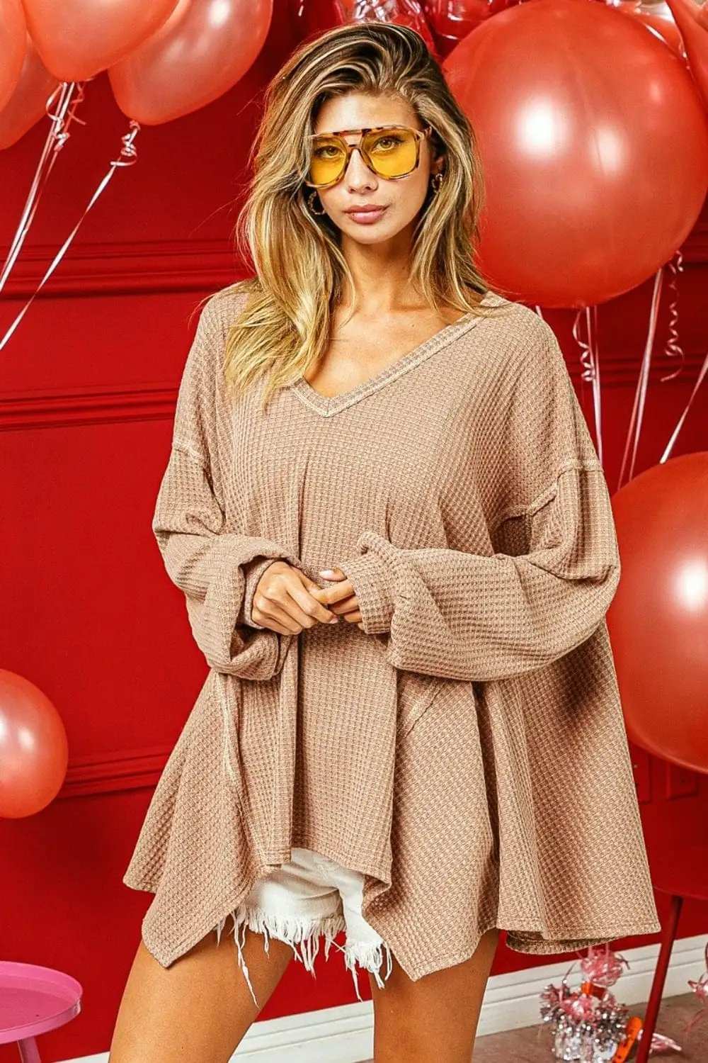 BiBi V-Neck Waffle Uneven Hem Top - Trendsi - Flyclothing LLC