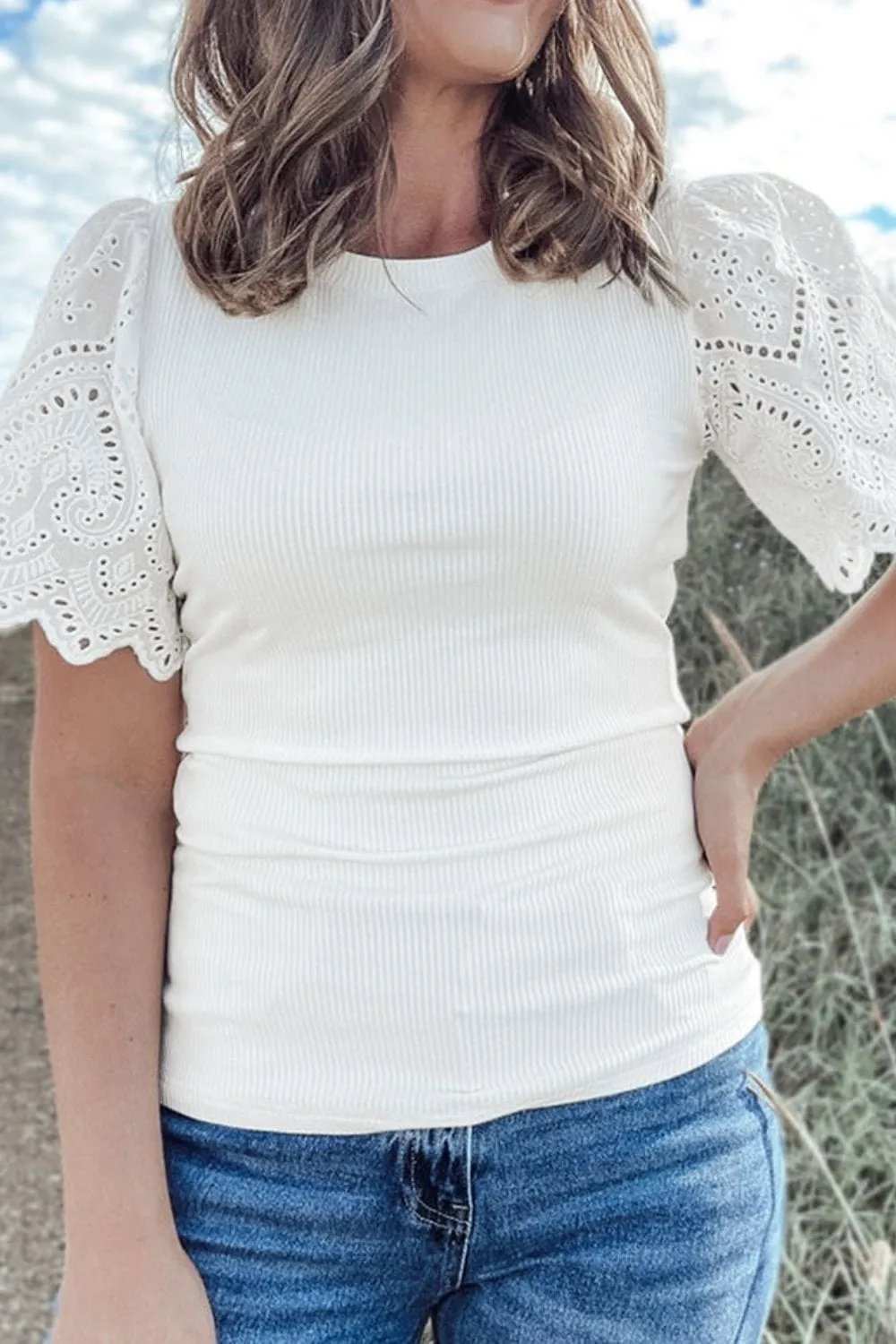 Eyelet Short Sleeve Patchwork Ribbed Top - Trendsi - Flyclothing LLC