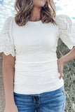 Eyelet Short Sleeve Patchwork Ribbed Top - Trendsi - Flyclothing LLC