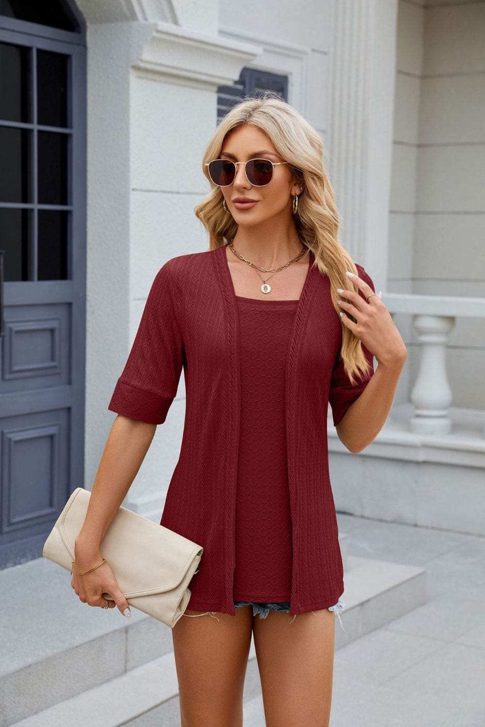 Texture Square Neck Short Sleeve Blouse - Trendsi - Flyclothing LLC