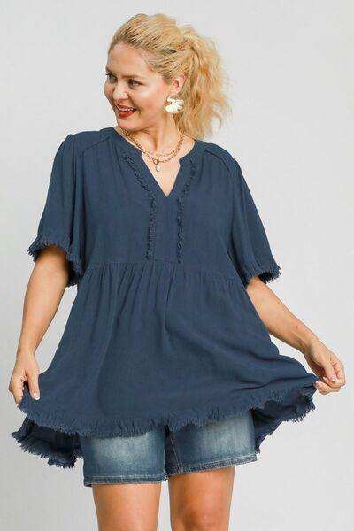 Umgee Full Size Raw Hem Notched Babydoll Linen Blouse Plus Size - Trendsi - Flyclothing LLC