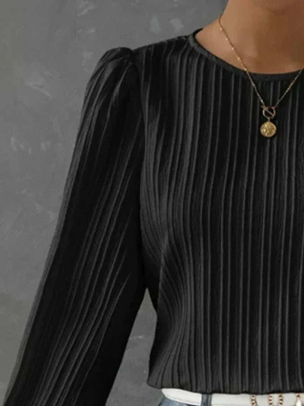 Round Neck Long Sleeve Blouse - Trendsi - Flyclothing LLC