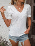 Eyelet Lace Detail V-Neck Flounce Sleeve Blouse - Trendsi - Flyclothing LLC