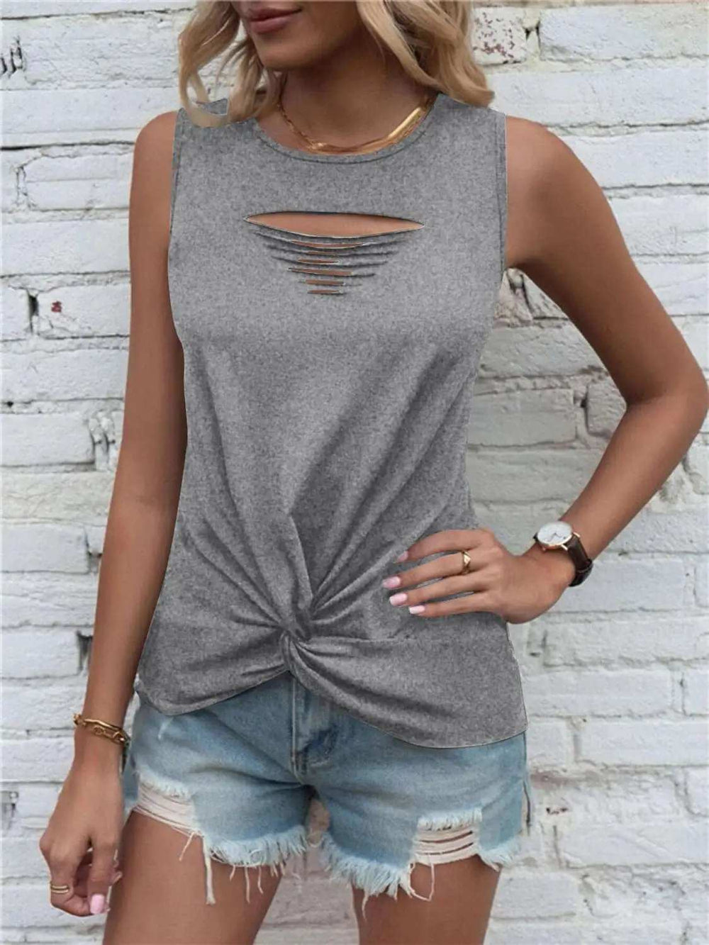 Cutout Twisted Round Neck Tank - Trendsi - Flyclothing LLC