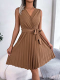 Tied Surplice Sleeveless Pleated Dress - Trendsi - Flyclothing LLC