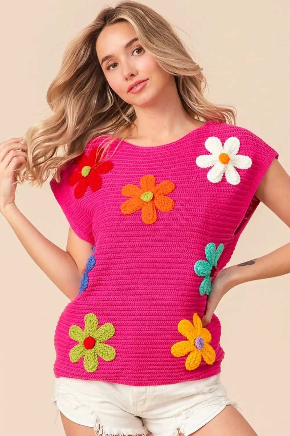 BiBi Flower Round Neck Cap Sleeve Knit Top - Trendsi - Flyclothing LLC
