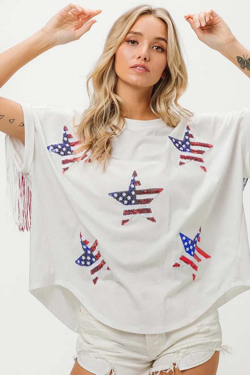 BiBi American Flag Sequin Star Fringe Top - Trendsi - Flyclothing LLC