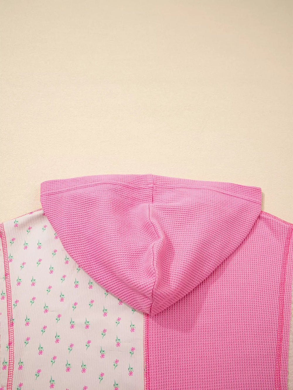 Mixed Texture Waffle Floral Patchwork Hooded Oversize Pullover - Trendsi - Flyclothing LLC