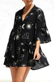 Ruched Printed Three-Quarter Sleeve Mini Dress - Trendsi - Flyclothing LLC