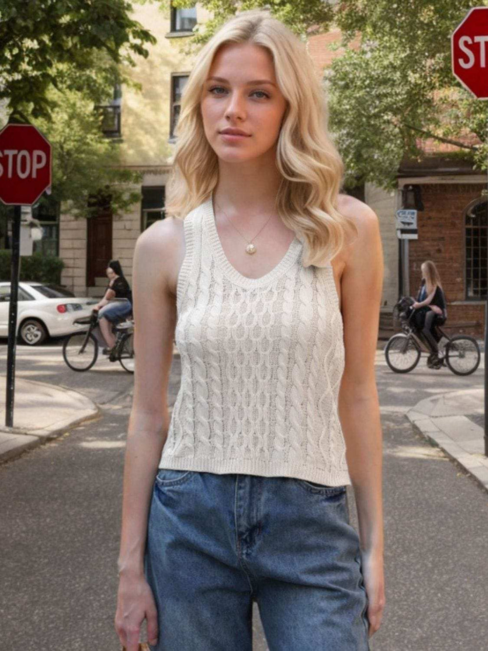 Cable-Knit V-Neck Knit Tank - Trendsi - Flyclothing LLC