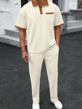 Men's Full Size Waffle-Knit Contrast Polo and Pants Set Plus Size - Trendsi - Flyclothing LLC