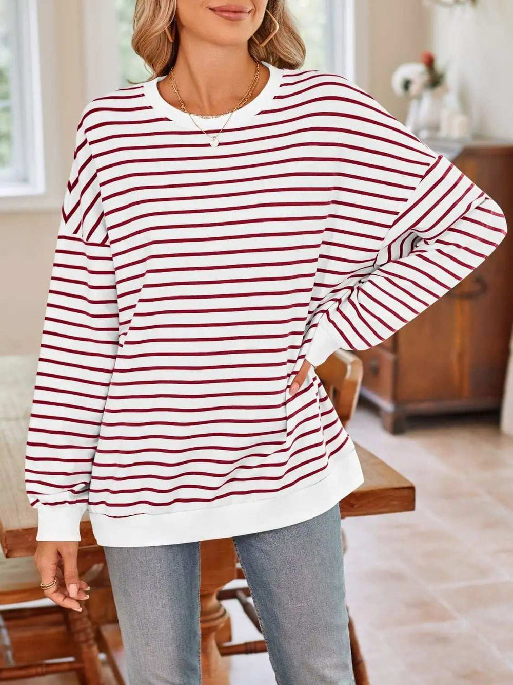 Striped Round Neck Long Sleeve Sweatshirt - Trendsi - Flyclothing LLC
