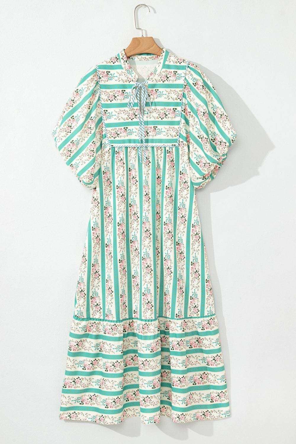 Striped Floral Print Tie Neck Puff Sleeve Midi Dress - Trendsi - Flyclothing LLC