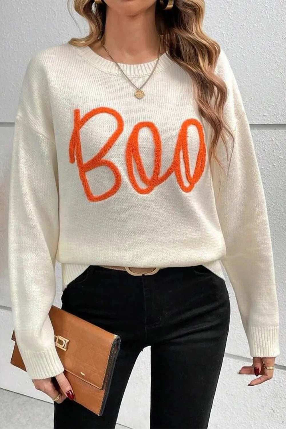BOO Round Neck Long Sleeve Sweater - Trendsi - Flyclothing LLC