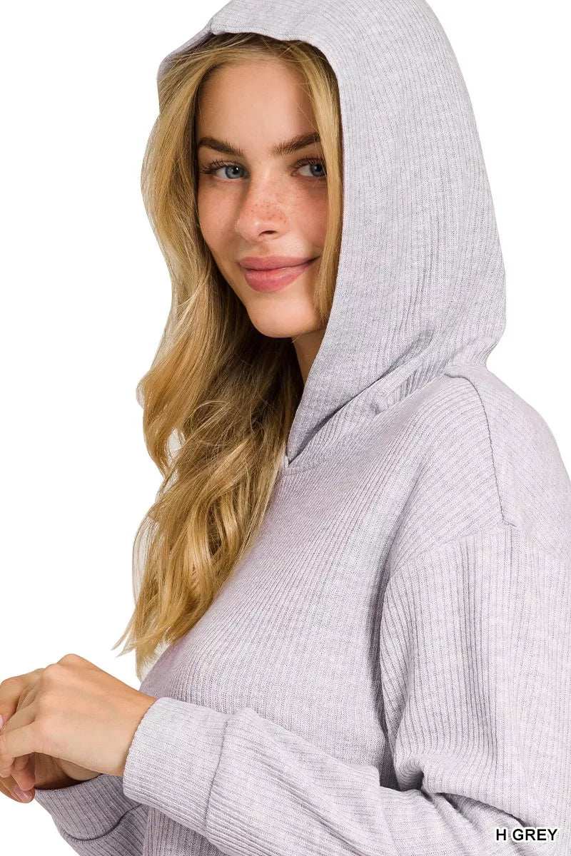 Zenana Drop Shoulder Ribbed Crop Hoodie - Trendsi - Flyclothing LLC