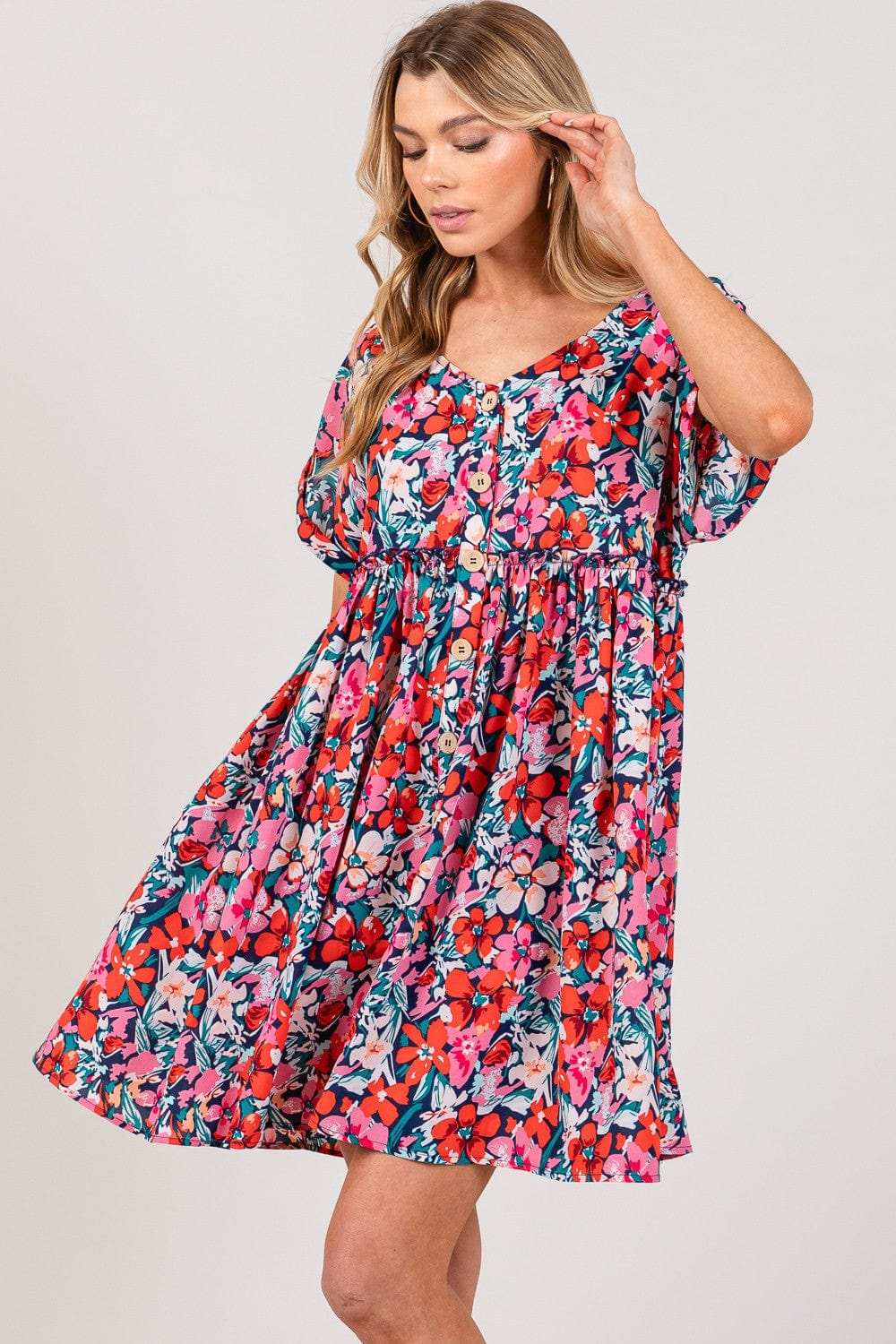 SAGE + FIG Floral Button Down Short Sleeve Mini Dress - Trendsi - Flyclothing LLC