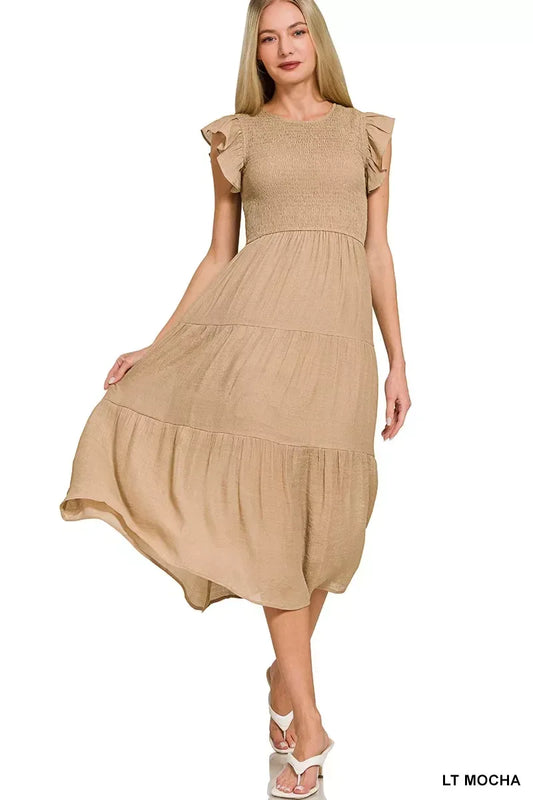 Zenana Woven Smocked Ruffle Sleeve Midi Dress - Trendsi - Flyclothing LLC