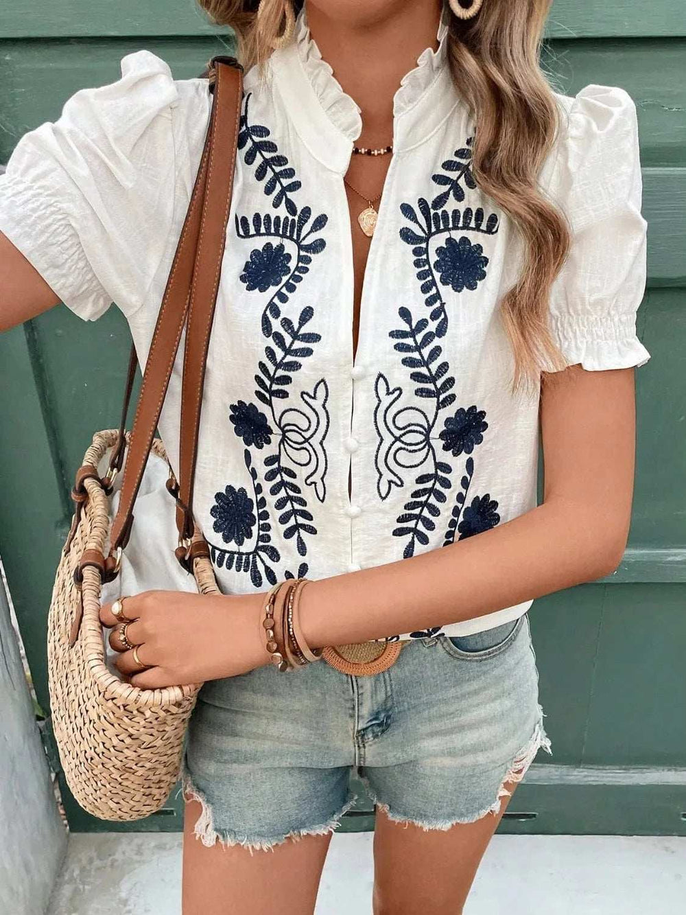 Embroidered Frill Notched Short Sleeve Blouse - Trendsi - Flyclothing LLC