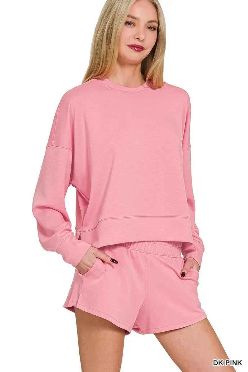 Zenana Scuba Long Sleeve Sweatshirts & Shorts Set - Trendsi - Flyclothing LLC