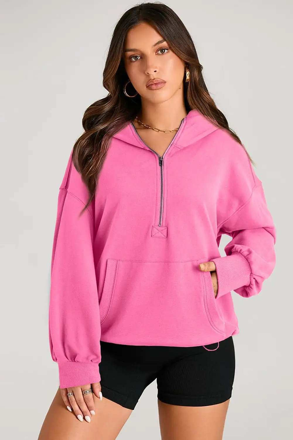 Pocketed Half Zip Long Sleeve Hoodie - Trendsi - Flyclothing LLC