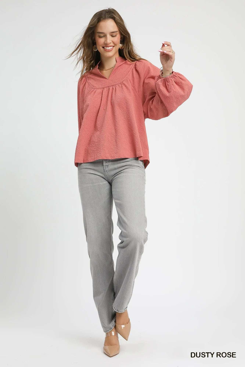 Umgee Textured Notched Blouse with Balloon Sleeves - Trendsi - Flyclothing LLC