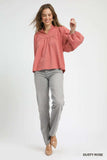 Umgee Textured Notched Blouse with Balloon Sleeves - Trendsi - Flyclothing LLC