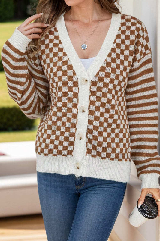 Checkered V-Neck Long Sleeve Cardigan - Trendsi - Flyclothing LLC