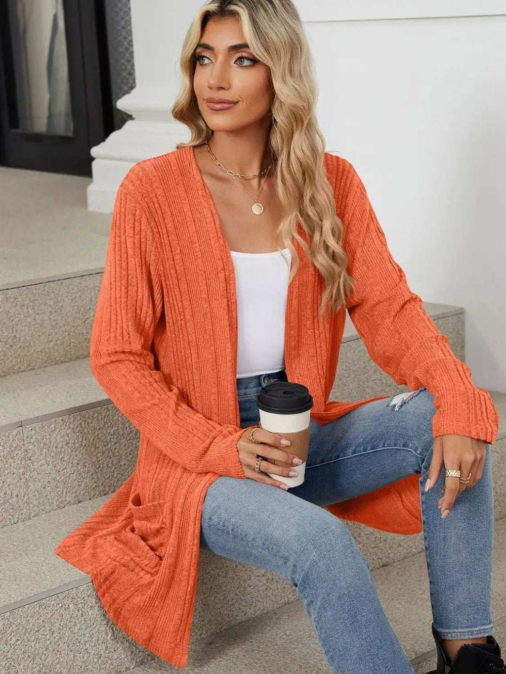 Pocketed Open Front Long Sleeve Cardigan - Trendsi - Flyclothing LLC