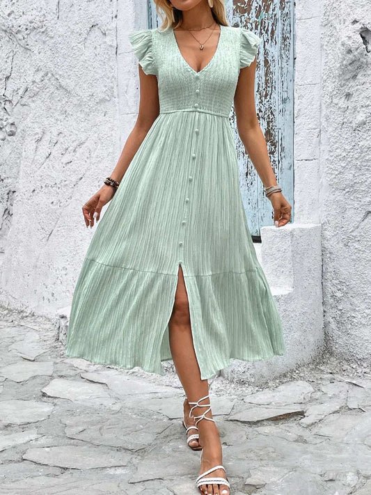 V-Neck Ruffled Cap Sleeve Dress - Trendsi - Flyclothing LLC