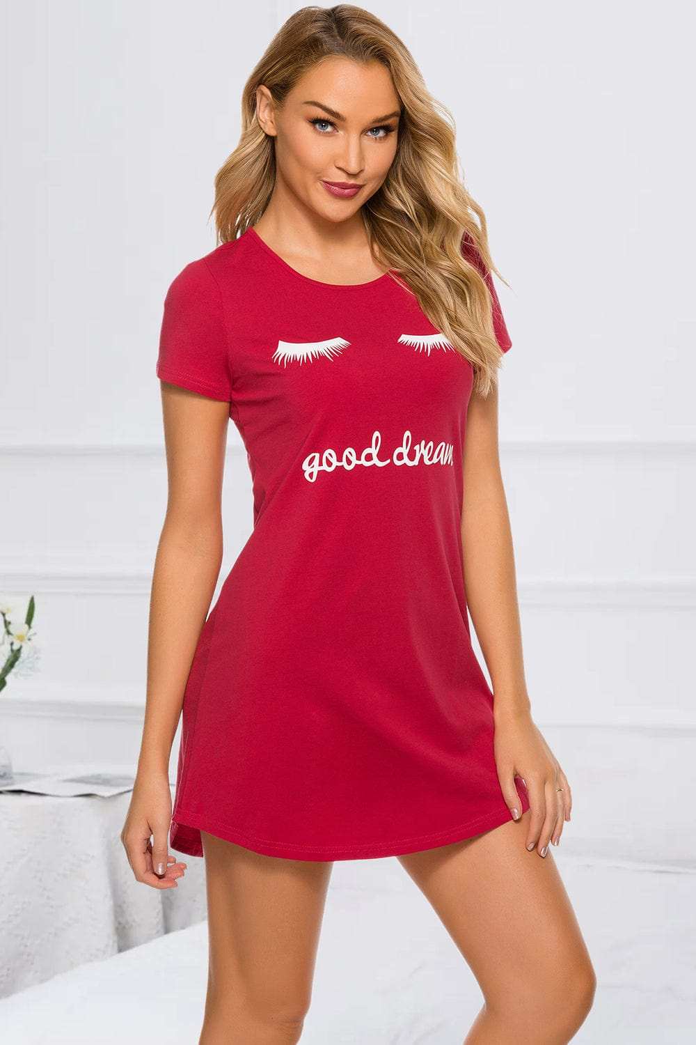 Graphic Round Neck Short Sleeve Lounge Dress - Trendsi - Flyclothing LLC