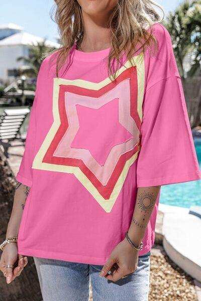 Color Block Star Patched Oversized T-Shirt - Trendsi - Flyclothing LLC