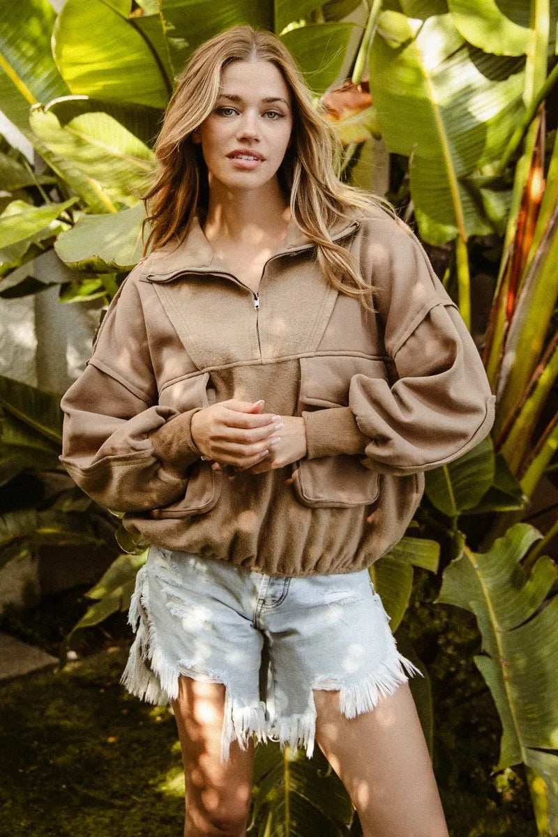 BiBi Half Zip Vintage Washed Fleece Pullover - Trendsi - Flyclothing LLC