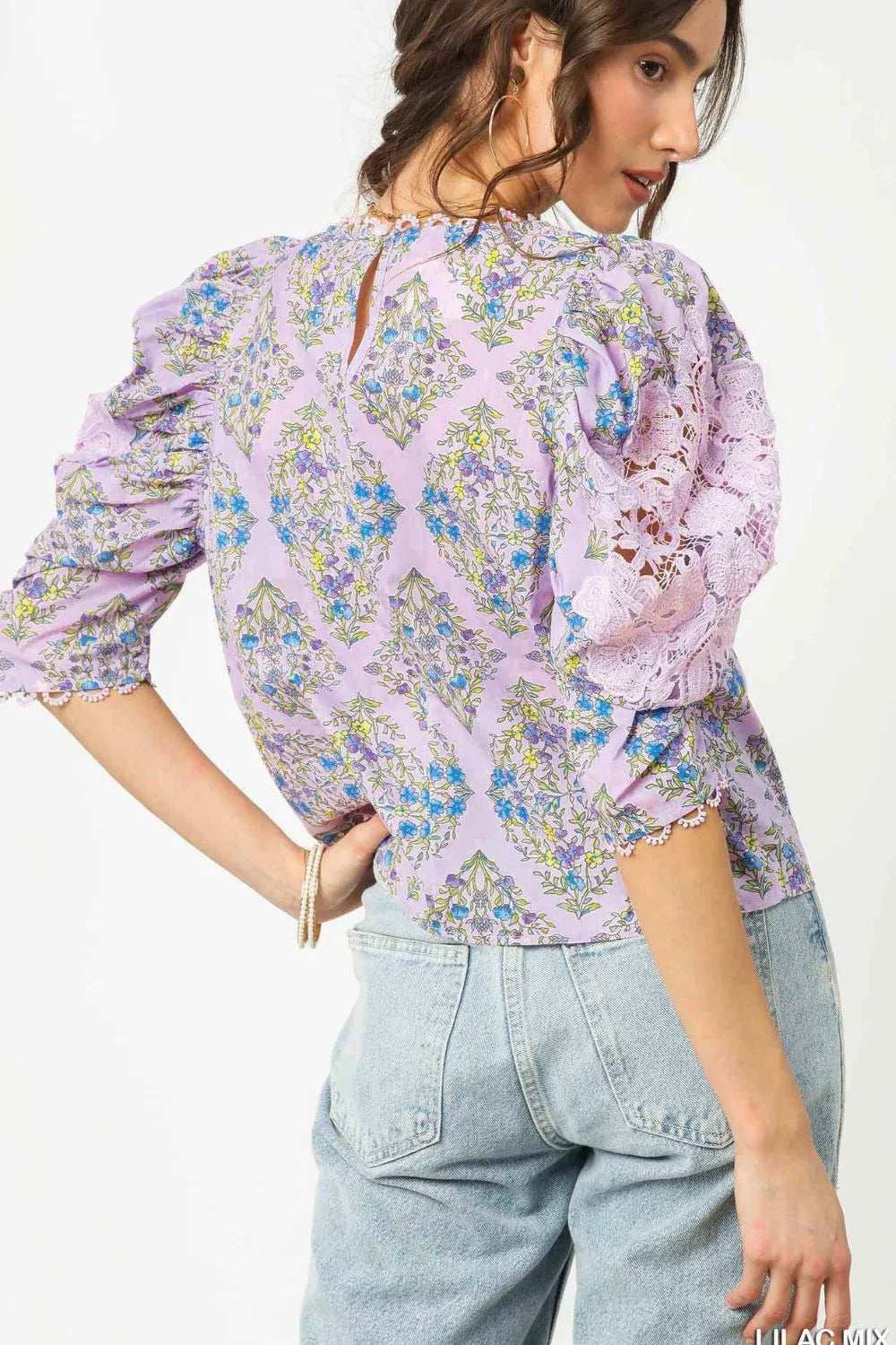 Umgee Printed Lace Puff Sleeve Blouse - Trendsi - Flyclothing LLC