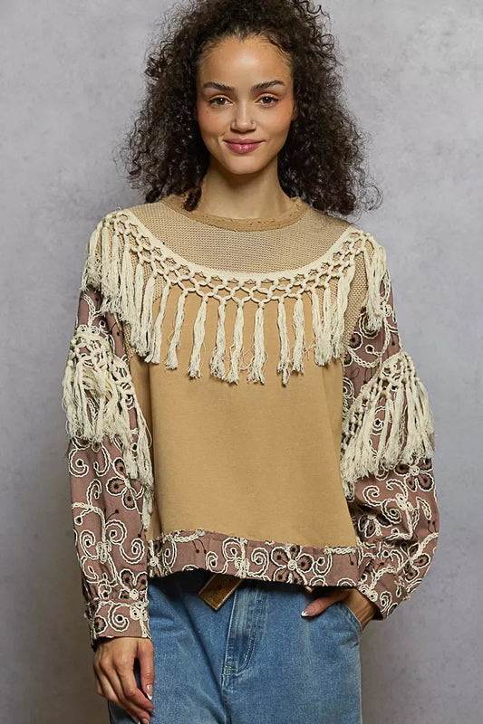 POL Contrast Floral Embroidery Balloon Sleeve Top with Tassel Trim - Trendsi - Flyclothing LLC