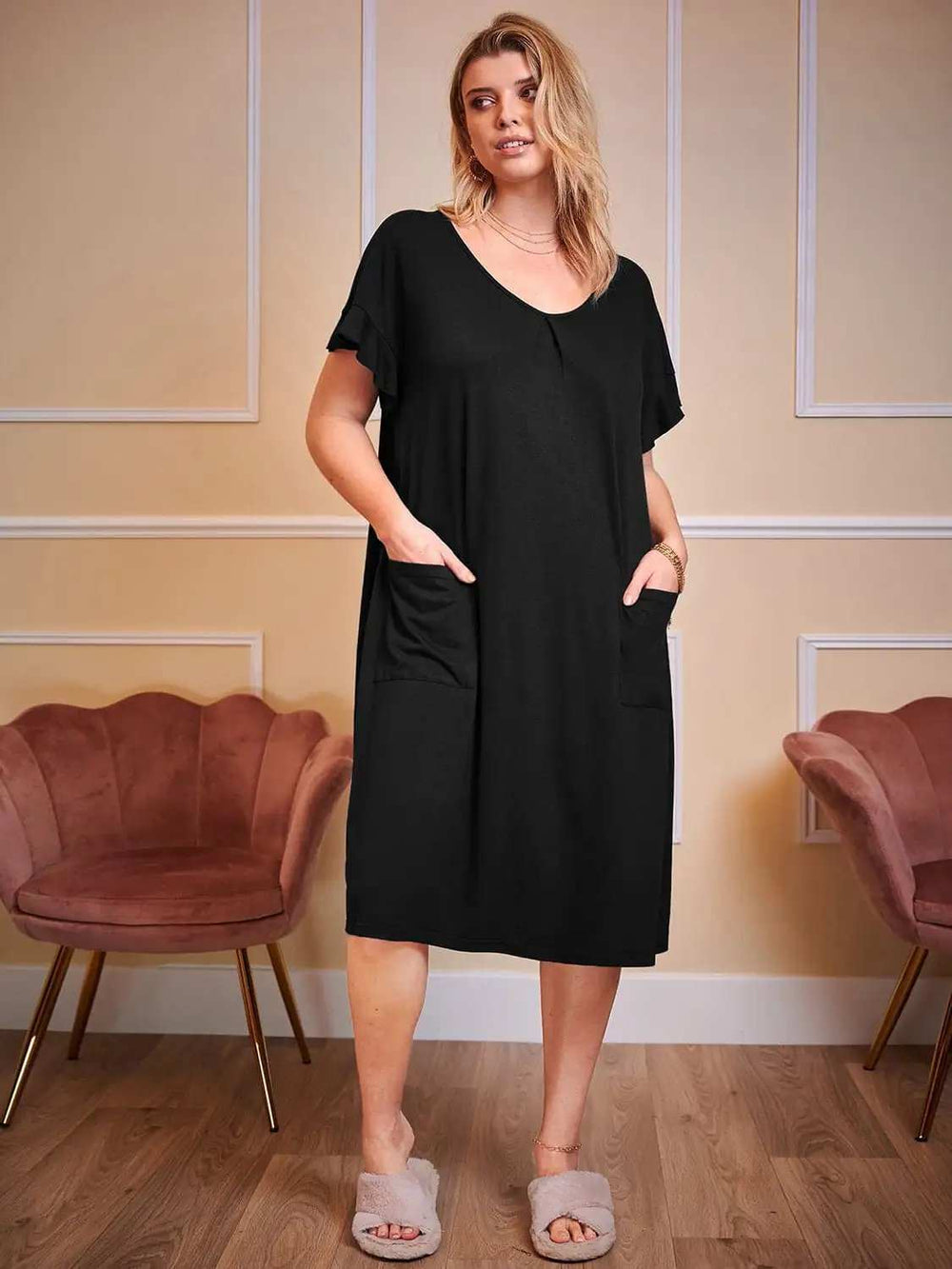 Plus Size Round Neck Short Sleeve Lounge Dress - Trendsi - Flyclothing LLC