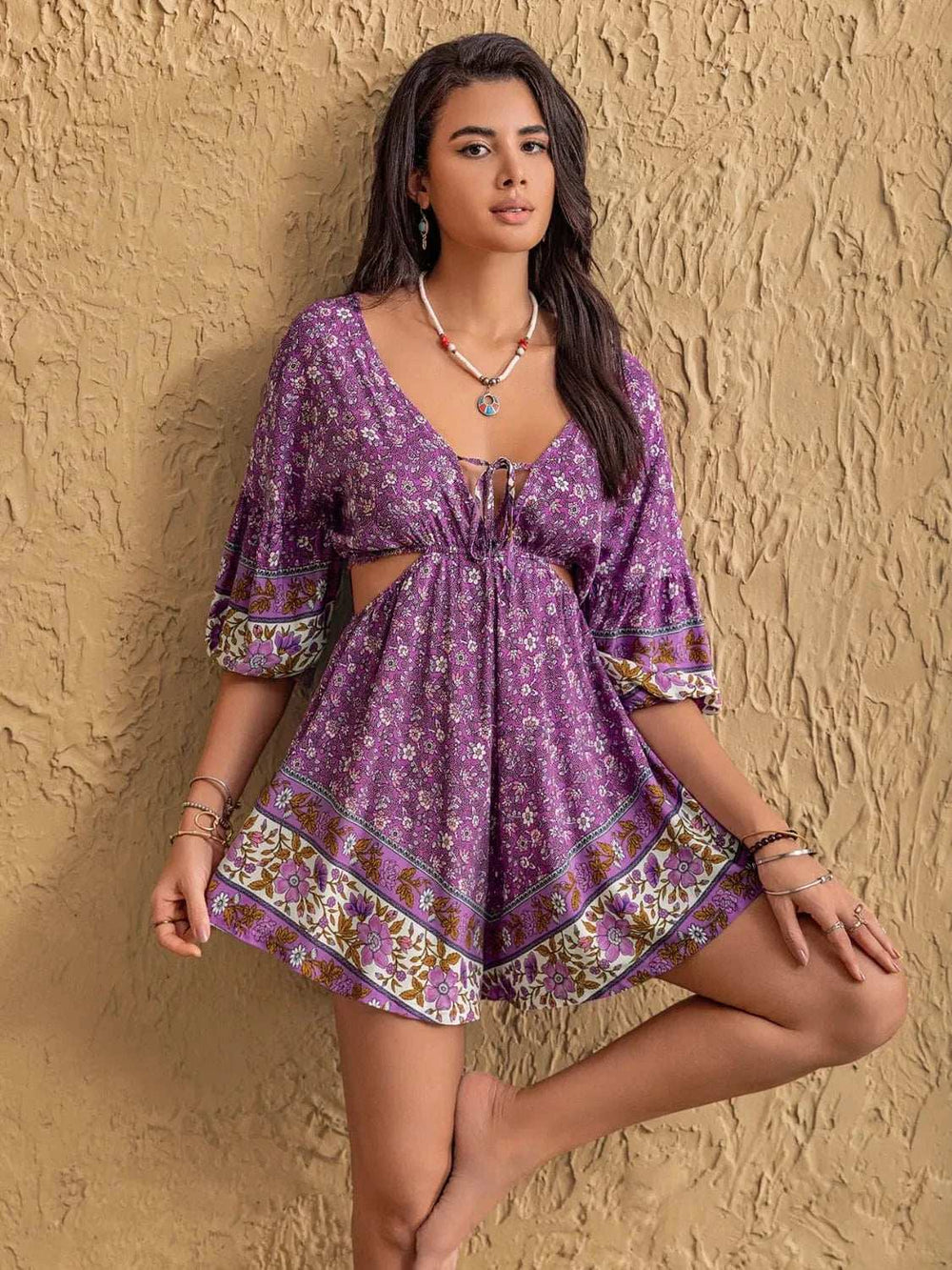 Tied Front Cutout Printed Romper - Trendsi - Flyclothing LLC