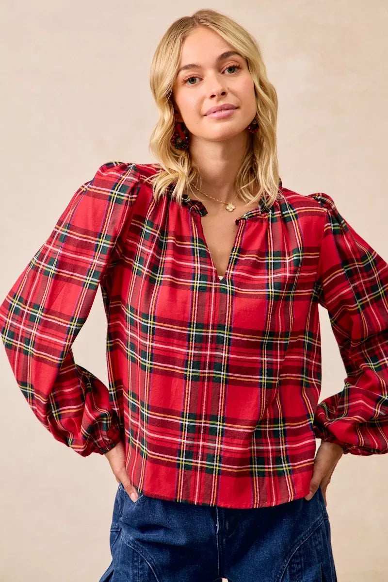 BiBi Christmas Plaid Balloon Sleeves Ruffled V-Neck Top - Trendsi - Flyclothing LLC