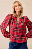 BiBi Christmas Plaid Balloon Sleeves Ruffled V-Neck Top - Trendsi - Flyclothing LLC