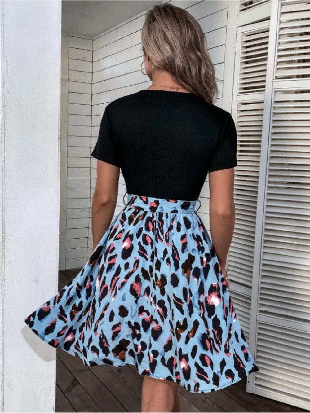 Tied Front Contrast Leopard Short Sleeve Mini Dress - Trendsi - Flyclothing LLC