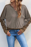 Color Block Notched Long Sleeve Blouse - Trendsi - Flyclothing LLC