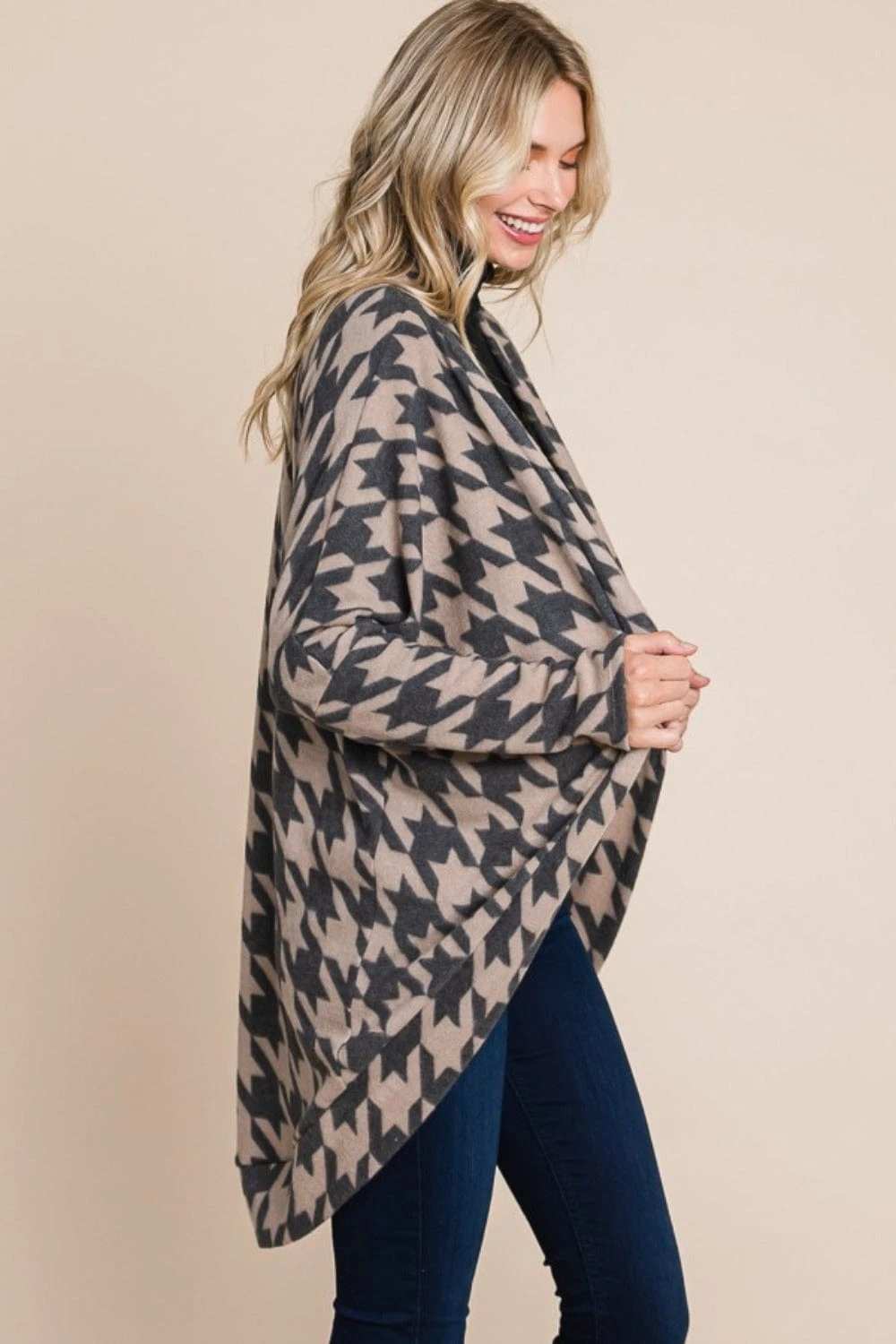 BOMBOM Houndstooth Open Front Cocoon Knit Cardigan - Trendsi - Flyclothing LLC