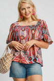 Umgee Full Size Abstract Print Smocked Square Neck Puff Sleeve Blouse - Trendsi - Flyclothing LLC