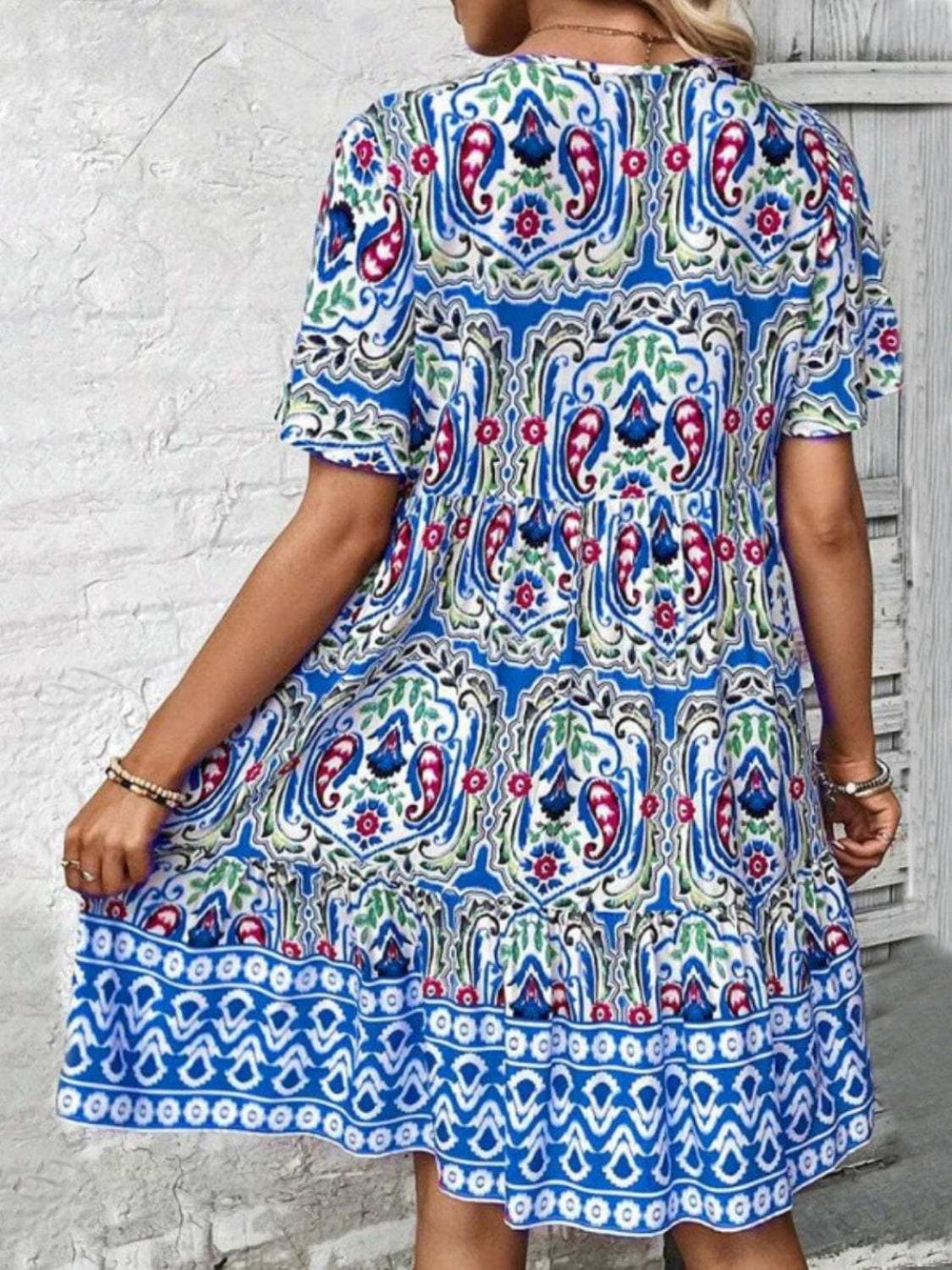 Printed Tie Neck Short Sleeve Dress - Trendsi - Flyclothing LLC