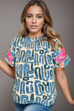 Plus Size Printed Mock Neck Short Sleeve Blouse - Trendsi - Flyclothing LLC