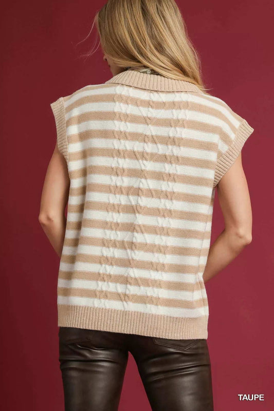 Umgee Cable Knit Collared Striped Vest Sweater - Trendsi - Flyclothing LLC