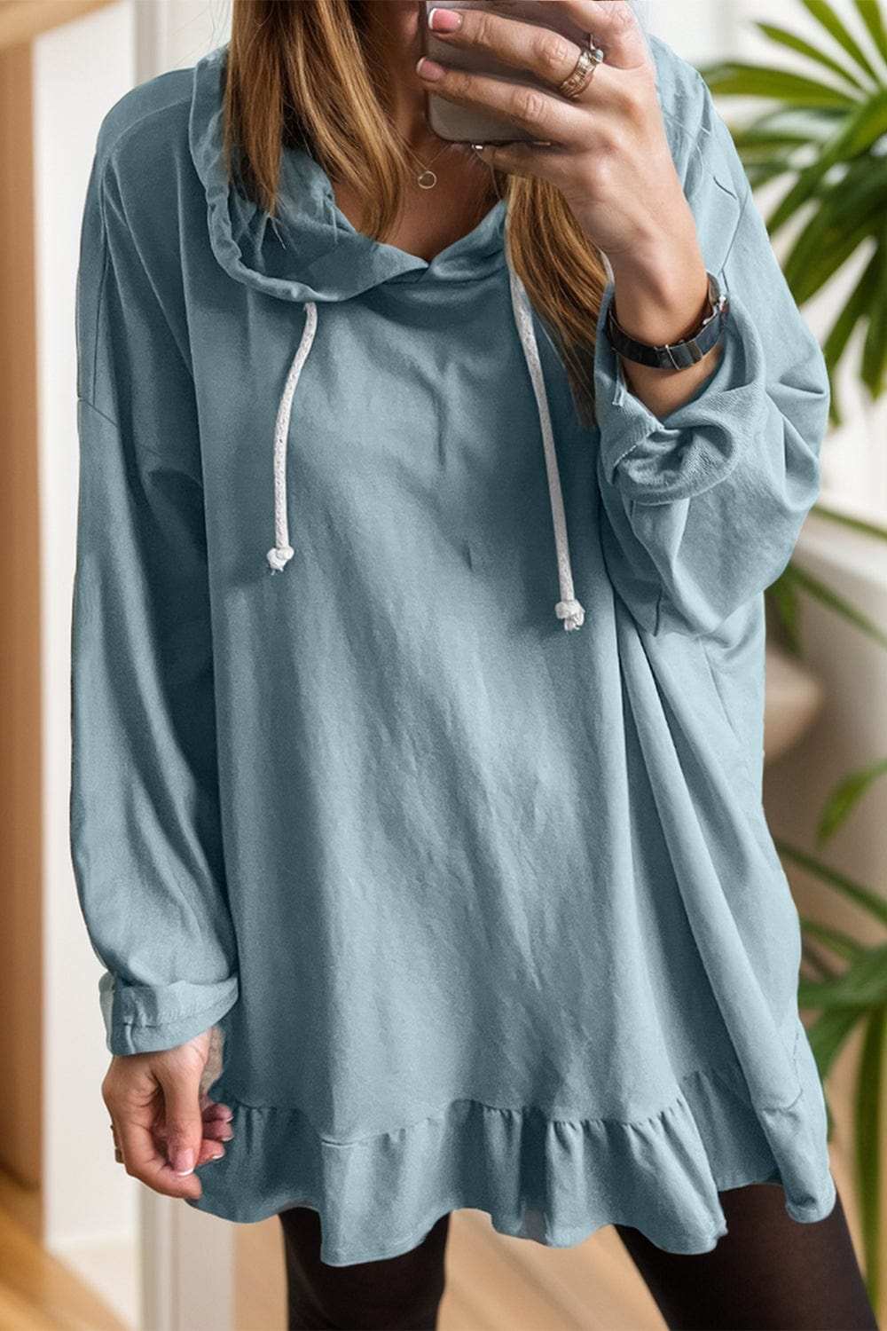 Drawstring Ruffled Dropped Shoulder Long Sleeve Hoodie - Trendsi - Flyclothing LLC