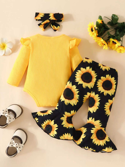 Children's Ruffled Ribbed Top and Sunflower Pants Set - Trendsi - Flyclothing LLC