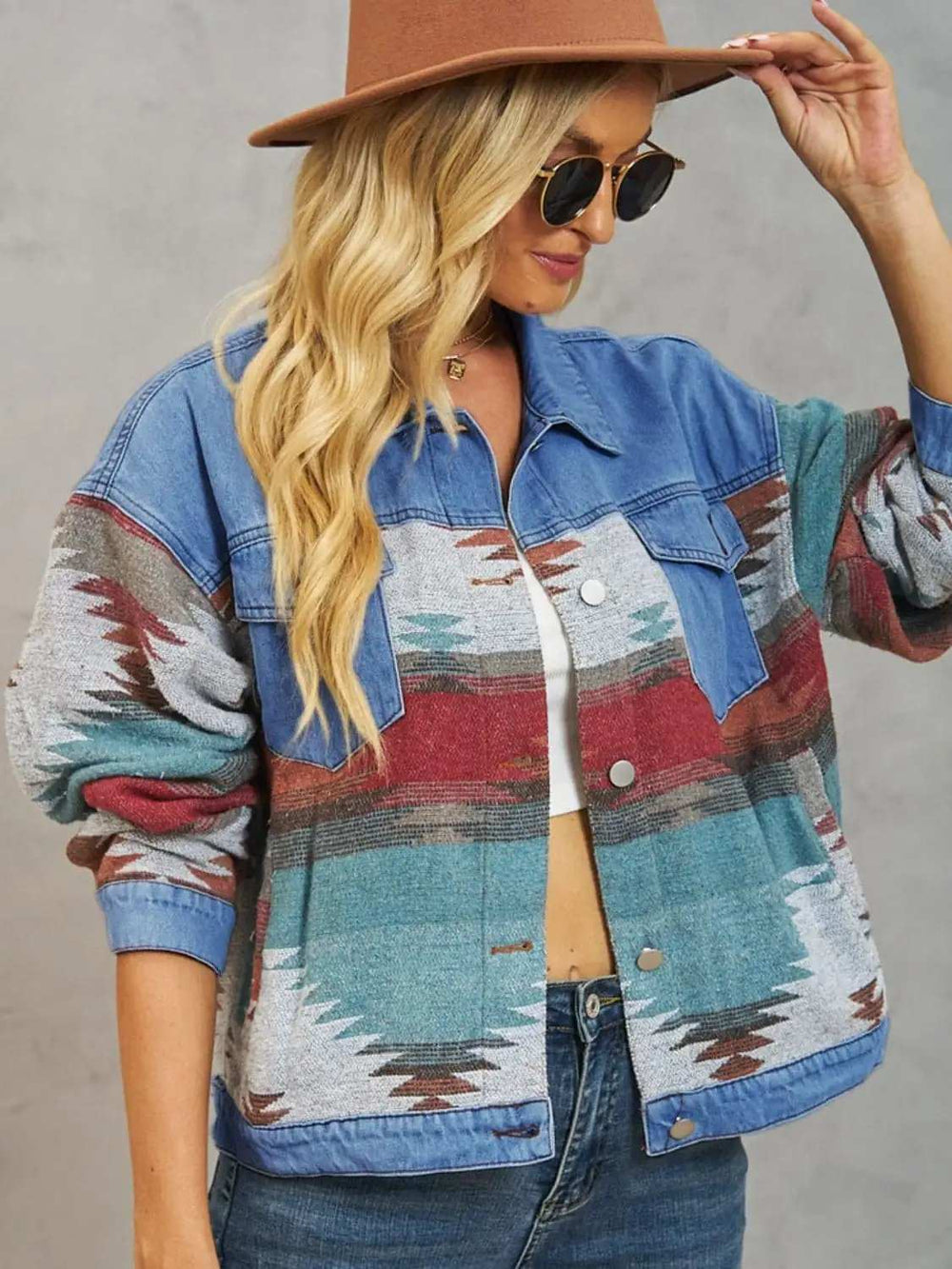 Geometric Button Up Dropped Shoulder Denim Jacket - Trendsi - Flyclothing LLC